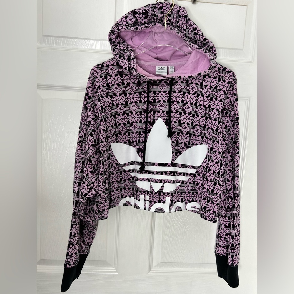 Adidas Trefoil Purple Black Printed Logo Cropped Hoodie Hooded Sweater - Picture 3 of 5